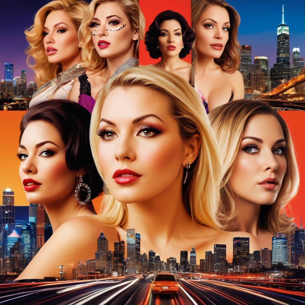 A captivating collage featuring a diverse group of adult film stars in various dynamic poses, each expressing unique emotions. In the background, an abstract representation of society's evolving perception, with blurred cityscapes and media symbols. Use warm and inviting colors to create a sense of connection and inclusivity. The design should reflect both the glamour and challenges of the industry. vibrant colors. 3D. artistic blend.