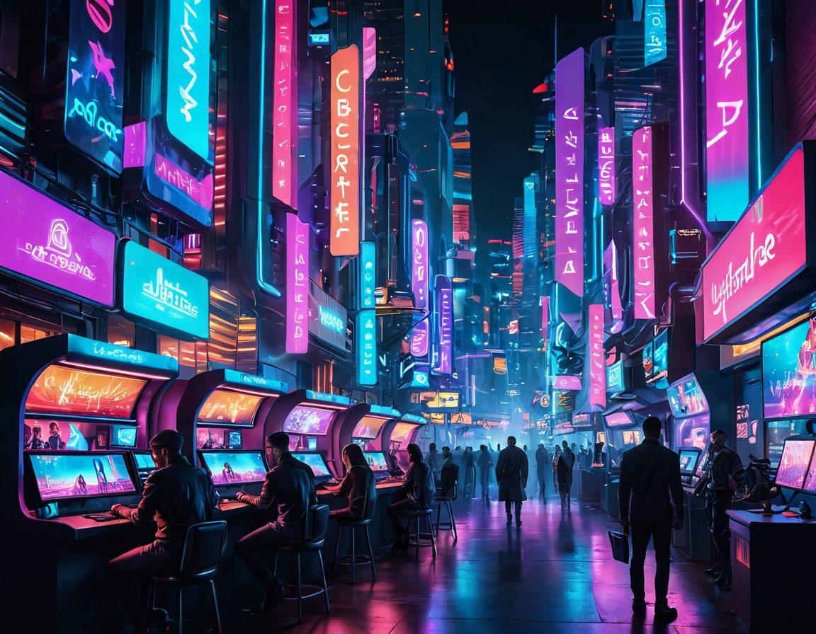 A futuristic cityscape that blends digital elements of adult entertainment with vibrant influencers, showing holograms of diverse personalities in dynamic poses, bright neon lights illuminating the scene, a bustling cyber cafe where people interact with advanced technology, and silhouettes of iconic buildings representing the adult industry. cyberpunk. vibrant colors. 3D.
